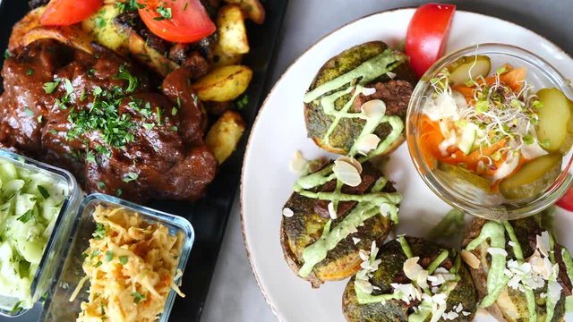 Healthy Vegan Meal: Baked Potato, Vegetables And Seitan Steak