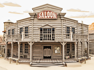 Polygon Illustration toon style of a western town saloon with various buildings. 3d rendering © Digital Storm