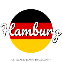 Circle button Icon with national flag of Germany with black, red and yellow colors and inscription of city name: Hamburg in modern style. Vector EPS10 illustration.