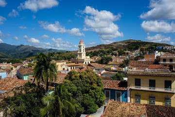 Colorful skyline with mountains and colonial houses. The village is a Unesco World Heritage and major tourist landmark on the Caribbean Island, Trinidad de Cuba