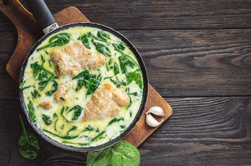Chicken breasts in creamy sauce wth spinach.
