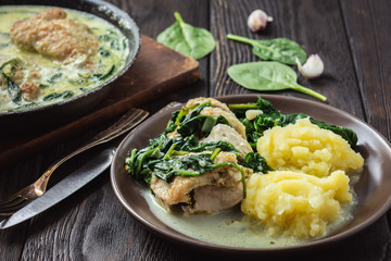 Chicken breasts in creamy sauce wth spinach, served with mashed potatoes.