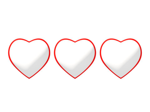 Line art of three red and white 3D heart symbol realistic illustration on white background. Ideal for Valentines Day, Mothers Day, wedding, I love you etc. 3d rendering.