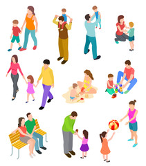 Isometric family. Children parents in different home and outdoor activity. 3d people families vector set. Illustration of isometric family pastime, parents and children