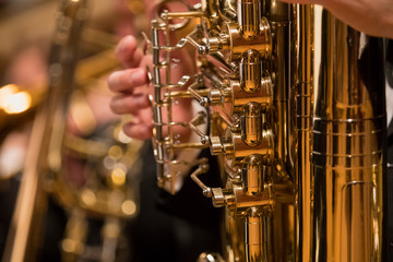 detail of french horn during a classical concert music