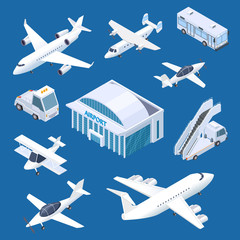 Isometric airport building, airplaines and transport at the airport vector set. Isometric airplane and airport building internationa illustration