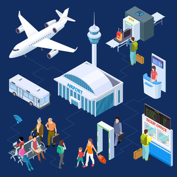 Airport isometric vector concept. Passenger luggage, airport terminal, tower plane passport checkpoint. Luggage passenger, flight terminal llustration
