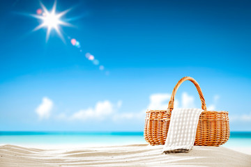 Summer basket on beach and picnic time. Free space for your decoration. 