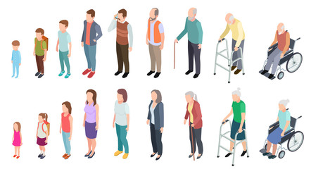Fototapeta na wymiar Different generations. Isometric people adult female male characters kids girl boy old man woman human age evolution stages vector set. Illustration of human process aging