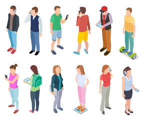 Isometric young people. 3d man speaking smartphone in stylish casual hipster clothes young guys tablets persons phone vector set. Illustration of people with smartphone and other gadget
