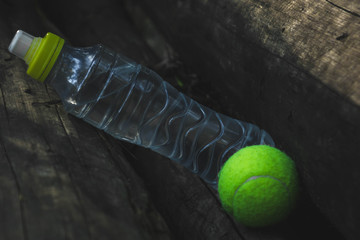 Tennis ball and a bottle of water lying next to a tree in the forest