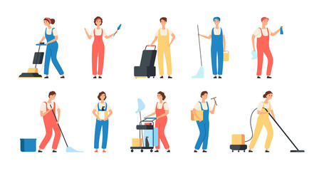 Cleaning service workers. Male female cleaner housemaids mop floor polish washing machine household equipment vector characters. Illustration of professional cleaner service, worker occupation