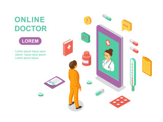 Online doctor concept. Medical online consultation infographics with character. Flat isometric vector illustration