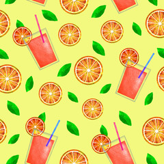 Seamless pattern with glasses of juice tropical fruit and mint