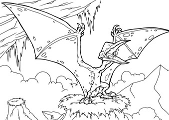 Outline Dinosaur Pterodactyl Illustration Suitable For Any Of Graphic Design Project Such As Coloring Book And Education © Михаил Пенькевич