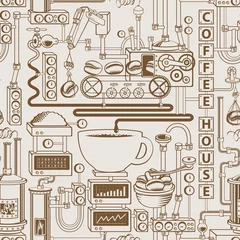 Foto op Plexiglas Koffie Vector naadloos patroon op koffiethema met een kopje vers gezette koffie, plant met transportbandkoffieproductie in retrostijl en met woorden koffiehuis.