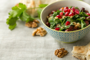 Traditional Georgian Lobio of Cooked Red Kidney Beans Containing Coriander, Walnut and Pomegranate seeds, close up, selective focus