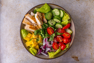 Grilled Chicken Mango Salad with cilantro, cucumbers, cherry tomatoes and red onion, top view