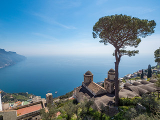 Fototapeta na wymiar Scenic panoramic view of famous Amalfi Coast with Gulf of Salerno from Villa Rufolo gardens in Ravello, Campania, Italy. April 2019