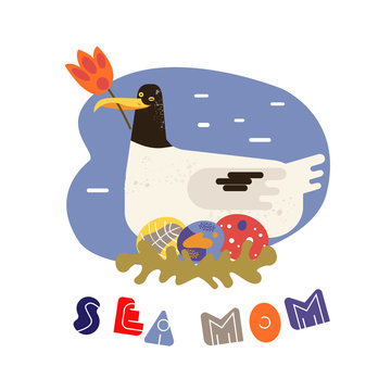 Seagull vector flat image. A seabird holds flower in its beak. Picture for baby
