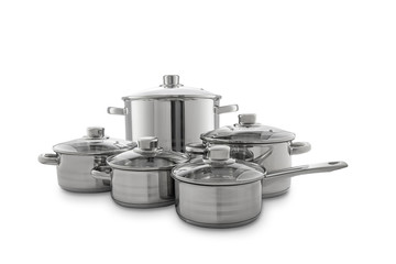 Stainless steel cooking pot, pans isolated on white background, clipping path
