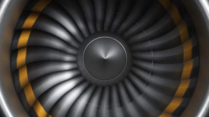 Jet engine, close-up view engine blades. Engine blades at the ends painted orange. Front view of a jet engine and blades. Part of the airplane. 3D illustration