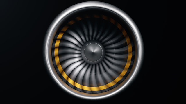 Jet engine, close-up view blades. Engine blades at the ends painted orange. Jet engine in motion, isolated on black background. Part of the airplane. 3D illustration