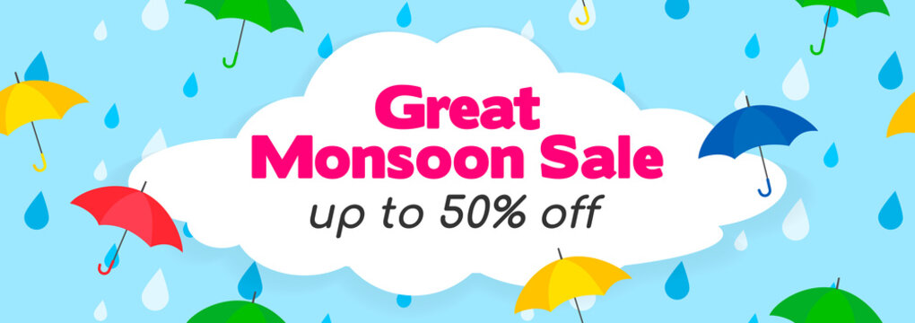 Great Monsoon Sale Banner Vector Illustration. Umbrellas on rain drops background.