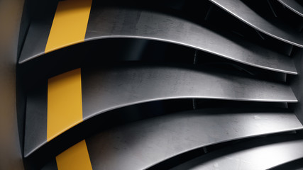 3D illustration jet engine, close-up view jet engine blades. Rotating blades of the turbojet. Part of the airplane. Blades at the ends painted orange © rost9