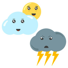 Cartoon cloud with the sun and a thundercloud with lightning. Isolated vector illustration on white background