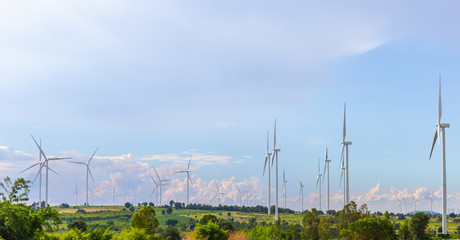 Wind turbine fields green energy electricity, Natural power and energy concept