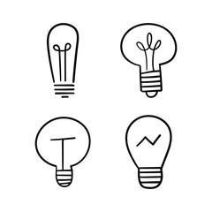 Light bulb doodles set. Hand drawn idea icons. Creativity and innovation concept.