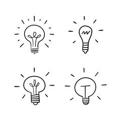 Light bulb doodles set. Hand drawn idea icons. Creativity and innovation concept.