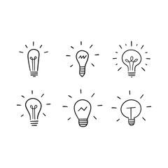 Light bulb doodles set. Hand drawn idea icons. Creativity and innovation concept.