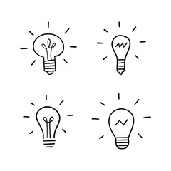 Light bulb doodles set. Hand drawn idea icons. Creativity and innovation concept.