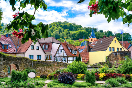 View of the old town wall and half-timbered houses in Bad Orb, Hesse, Germany