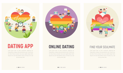 Mobile App Page Onboard Screen Set for Online Dating Site. Screens Template for LGBTQ People Community Website or Web Page. Vector Illustration. User Interface Kit in Flat Design.