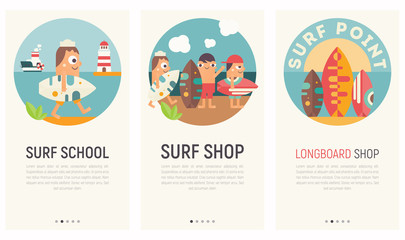 Mobile App Page Onboard Screen Set. Screens Template for Surf Shop, Surfing School, Longboard Online Store. Vector Illustration. User Interface Kit in Flat Design. Emblem for Surfing Club.