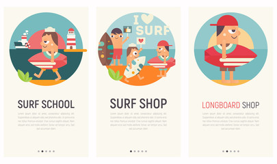 Mobile App Page Onboard Screen Set. Screens Template for Surf Shop, Surfing School, Longboard Online Store. Vector Illustration. User Interface Kit in Flat Design.