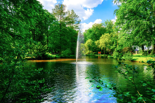Spa gardens in Bad Orb with fountain , Hesse, Germany
