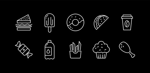 Fast food thin line icons set. Outline symbol collection junk food and take away on black background.  Editable vector stroke