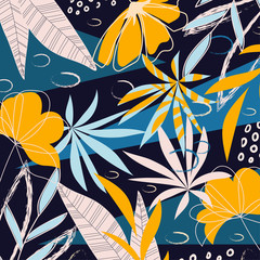 Abstract background with bright tropical plants and leaves on white background. Vector design. Jungle print. Textiles and printing.