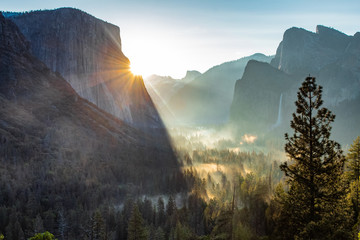 Scenic view of El Capitan and Cathedral cliff with river foreground,shoot in the morning in spring season,Yosemite National park,California, USA