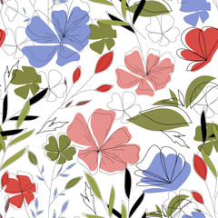 Seamless pattern with bright tropical plants and leaves on white background. Vector design. Jungle print. Textiles and printing.