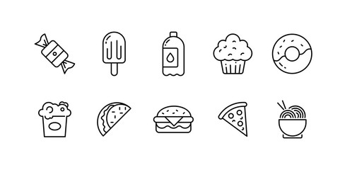 Fast food thin line icons set. Black outline symbol collection junk food and take away.  Editable vector stroke