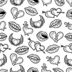Vector hand drawn seamless pattern of pop art hearts and lips.Brocken heart, two hearts with arrow, heart with wings and heart punctured by sword, lips and mouth.