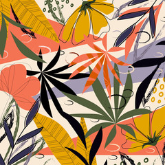 Original pattern with tropical leaves and plants on pastel background. Vector design. Jungle print. Textiles and printing. Floral background.