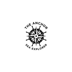 marine retro emblems logo with anchor rope, ship wheel and sailor compass, anchor logo - vector