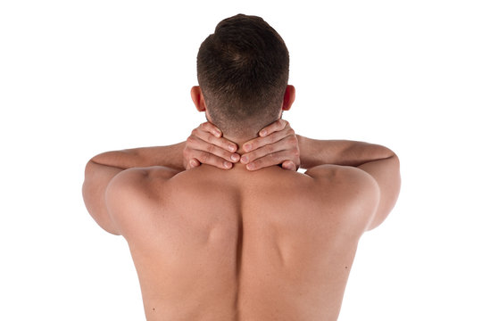 Studio shot of sportsman with pain in neck