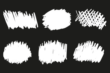 Hand drawn abstract shapes on black. Grungy backgrounds with array of lines. Stroke chaotic patterns. Black and white illustration. Sketchy elements for design